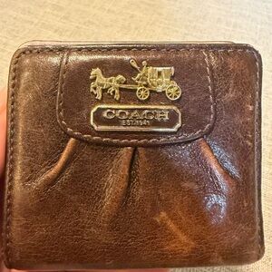 Coach Brown Leather Compact Wallet w/ Coin Zip – Pink Interior